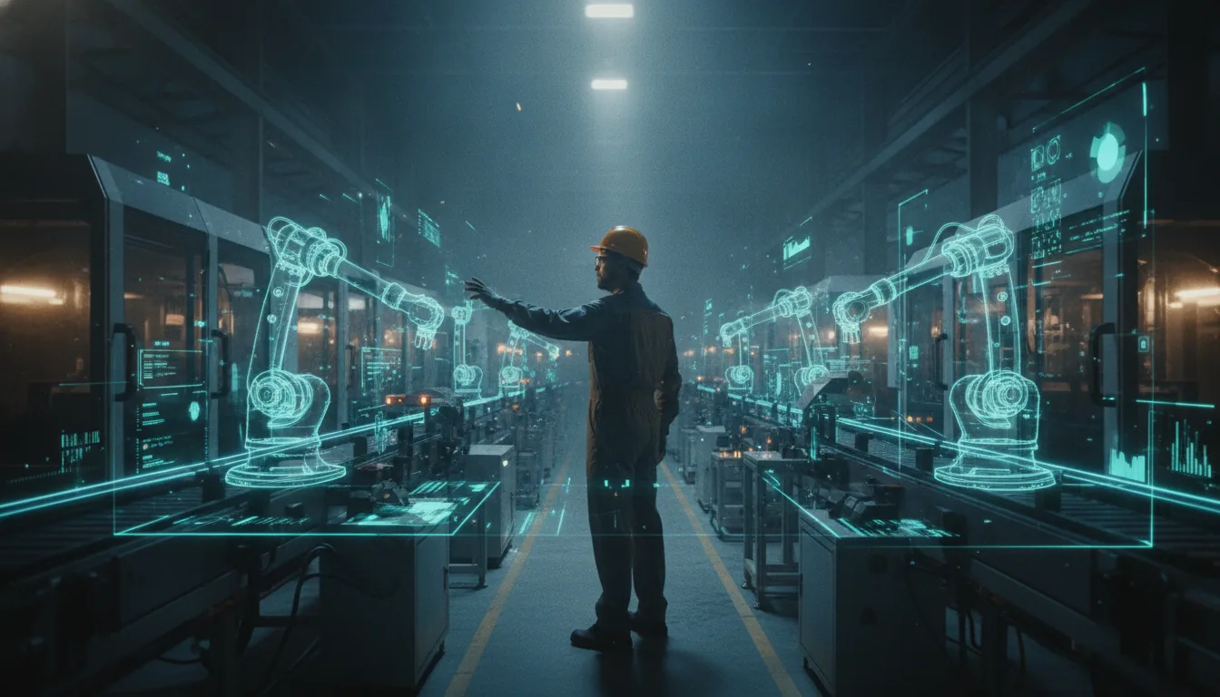 A glowing digital twin overlaid on a real factory